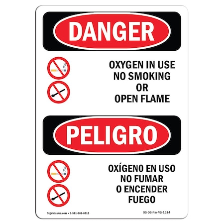 Signmission OSHA Sign, Oxygen No Smoking Open Flame Bilingual, 18in X 12in Decal, 12" W, 18" L, Spanish OS-DS-D-1218-VS-1514